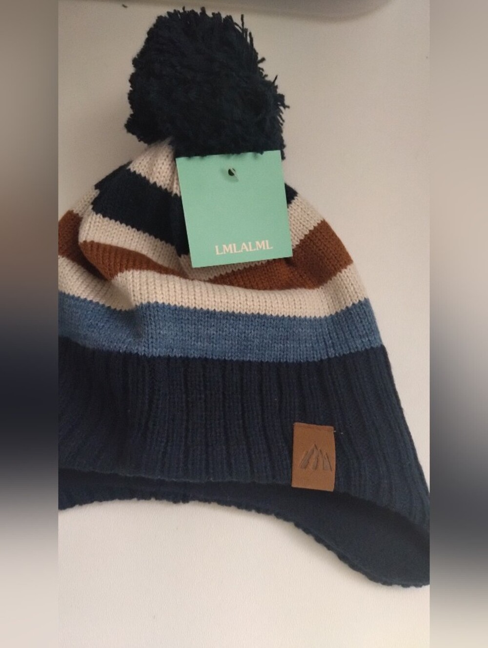 LMLALML Kids Pom-Pom Striped Earflap Beanie - Navy, Blue, Brown, Cream New 51cm - Picture 2 of 3